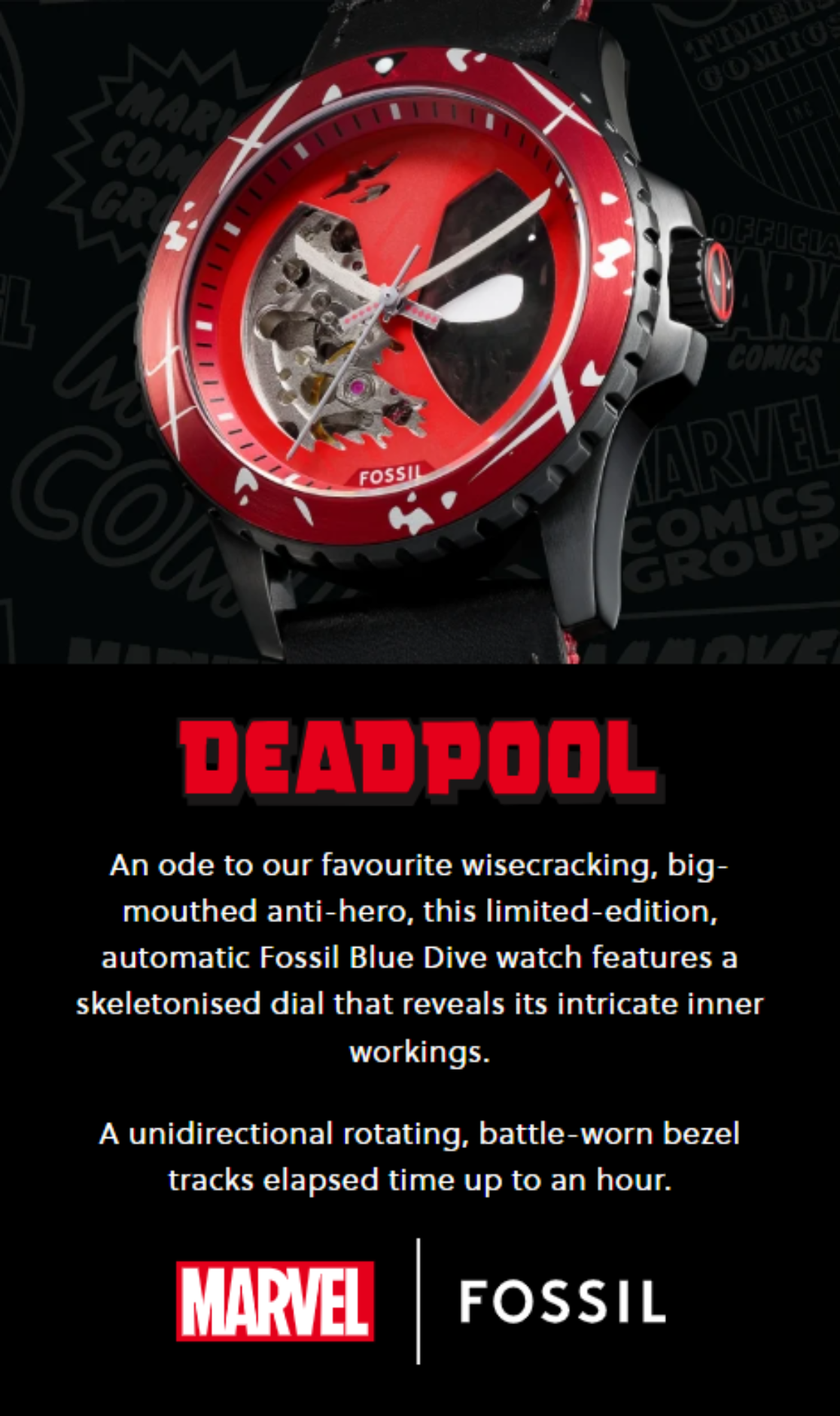 Fossil Gent LE1196SET Marvel Deadpool Limited Edition 42mm Automatic Red  and Black Nylon Leather Watch