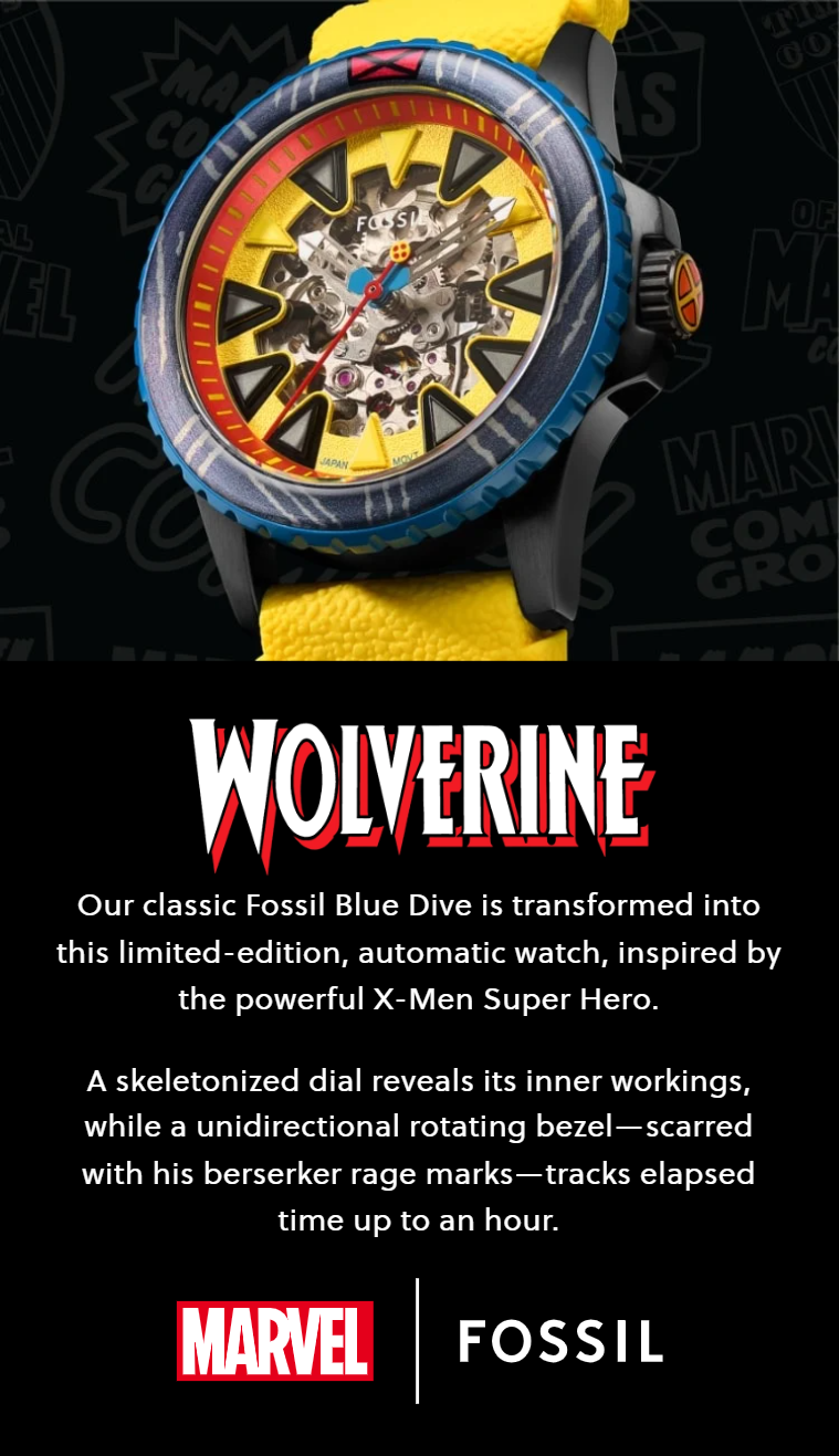 Fossil Gent LE1195SET Marvel Wolverine Limited Edition 42mm Automatic  Skeleton Dial Yellow Silicone Watch